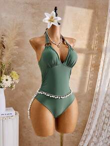 Swim Basics 1 件女式纯色 V 领露背连体泳衣，修身款，适合夏季海滩和泳池度假 - 軍綠色 - 查看 6
