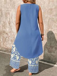 EMERY ROSE Plus Size 2 Pieces Set: Paisley Print Sleeveless Top And Wide Leg Pants - Baby Blue - View 2