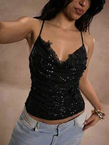SHEIN BAE Áo hai dây gợi cảm cổ chữ V sâu đính sequin dành cho nữ - màu đen - Xem 4