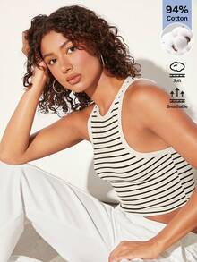 SHEIN BASICS Women's Casual Striped Fitted Cropped Tank Top, Summer Tops For Ladies Casual Summer Tops - Black and White - View 8