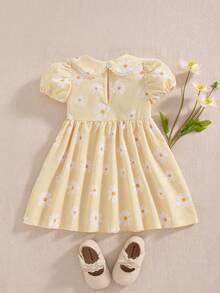 Souflis Souflis Vestido de Bebê Menina Estilo Francês com Estampa de Margarida, Vestido de Princesa Doce com Gola Peter Pan e Mangas Bufantes, Visual Casual Chique para Brincadeiras, Escola e Mais Ocasiões - Amarelo - Visão 3