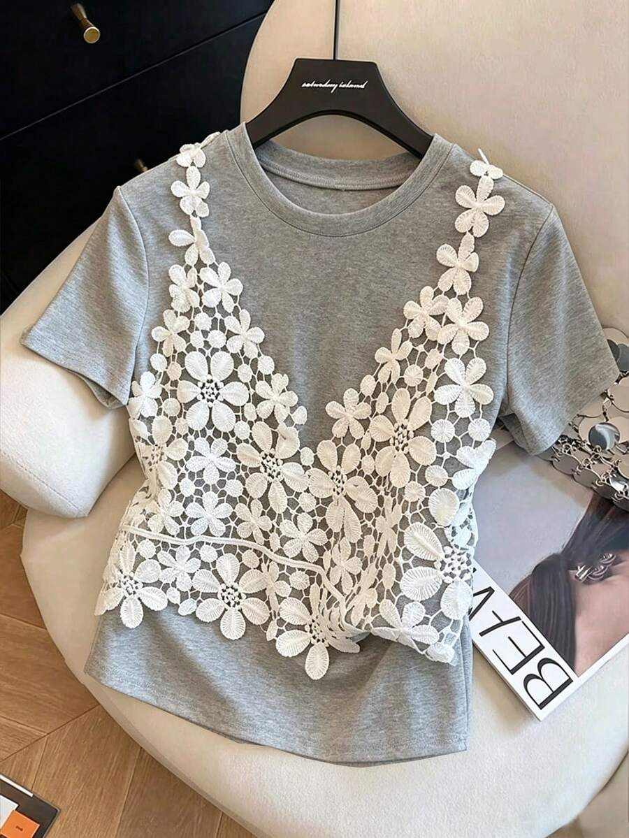 Airaco Women's Round Neck 2 In 1 Casual Versatile Daily Wear Short Sleeve T-Shirt - Grey - View 1