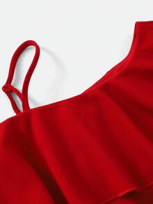 SHEIN Tween Girl Asymmetrical Neck Ruffle Trim Belted Flare Leg Jumpsuit - Red - View 8