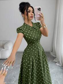 Elenzga 女士梭织波点印花面料翻领纽扣前襟褶裥肩部灯笼袖腰部褶裥A字型优雅复古时尚商务通勤外出度假黑白波点连衣裙，春夏款 - 墨綠色 - 查看 4
