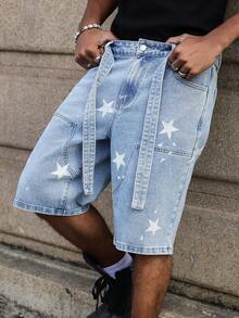 Manfinity EMRG Quần short denim nam màu xanh dương, kiểu dáng thường ngày, in họa tiết và có miếng vá. - Rửa nhẹ - Xem 4