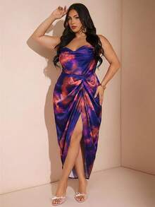 SHEIN BAE Plus Size Woman Blue Floral Satin Swing Neck Spaghetti Strap Draped High Slit Midi Dress,Summer 70's Boho Elegant Party Rave Wedding Guest Homecoming - Purple - View 3