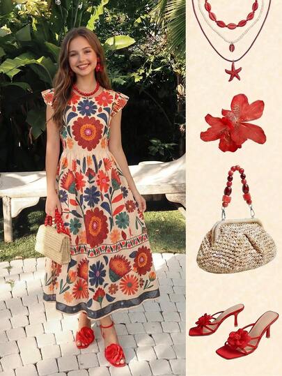 Sparklyn Floral Print Cap Sleeve Waist Cinched Dress, Suitable For Vacation, Casual And Daily Wear For Young Women