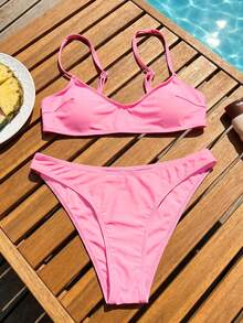 SHEIN Swim 2件套女士时尚可爱度假性感沙滩/泳池/派对纯色可调节细肩带超细比基尼上衣和下装泳衣套装 - 粉色 - 查看 3
