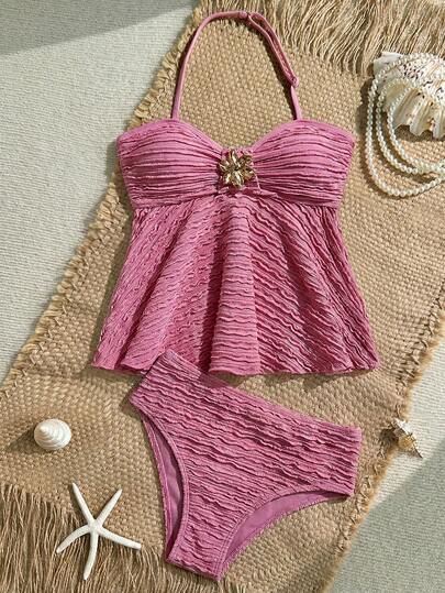 SHEIN Mädchen Jacquard-Strick Halter Tankini Badeanzug Set