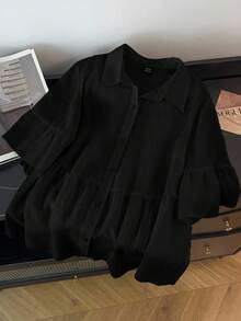 SHEIN CURVE+ Plus Size Women Solid Color Ruffle Hem Casual Blouse - Black - View 1
