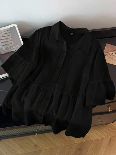 SHEIN CURVE+ Áo kiểu nữ cỡ lớn màu trơn có bèo nhún ở gấu áo