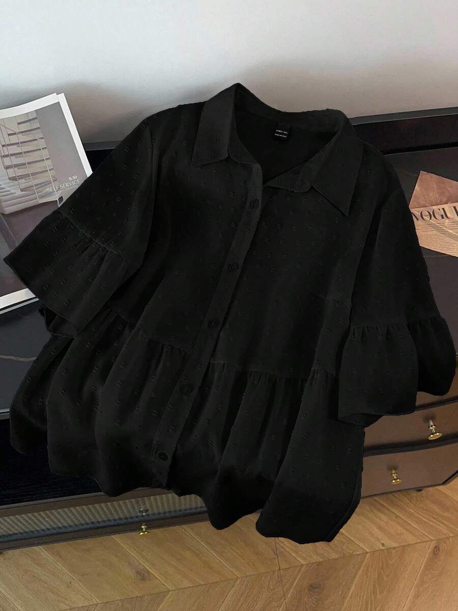 SHEIN CURVE+ Plus Size Women Solid Color Ruffle Hem Casual Blouse - Black - View 1
