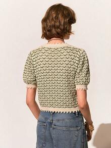 Poéselle 新款春夏法式复古条纹拼接提花镂空短袖针织女式上衣 - 綠色 - 查看 2