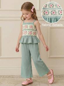 Elladie kids 女童休闲度假3D立体花卉钩编蕾丝边吊带背心搭配弹力腰带阔腿裤套装，夏季度假优雅可爱通勤装 - 綠色 - 查看 4