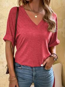 EMERY ROSE Camiseta de verano de unicolor, cuello en V, manga corta, casual, holgada, transpirable y cómoda - Rojo - Ver 6