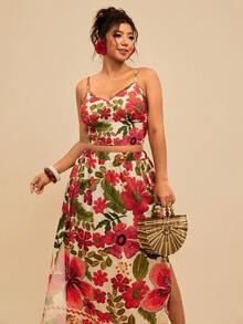 Travachic Plus Size Floral Print Tie-Front Backless Cami & Side Slit Skirt 2-Piece Set, Casual Holiday - Multicolor - View 7