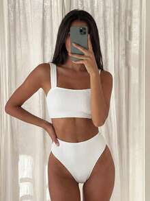 Costavie Set de bikini elegant pentru femei, cu bretele groase, alb, 2 buc., primăvară/vară 2026, pentru maturi, vacanță de vară la plajă - alb - Vizualizare 2