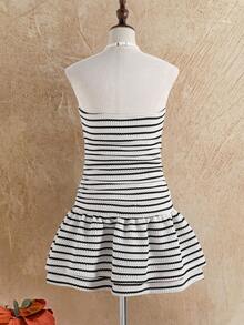 Tween Girl Striped Print Halter Backless Casual Dress - Black and White - View 2