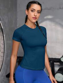 Powerista Camiseta de manga raglán de cuello redondo, ajustada y de manga corta, casual, de verano - Agua verde azul - Ver 4