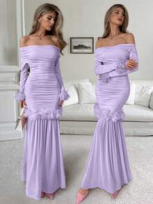 Elenzga New Arrival Spring/Autumn Elegant Romantic Solid Color Ruffle Decor Cross V-Neck Long Sleeve Pleated Fitted Mesh Patchwork Bodycon Dress For Women - Mauve Purple - View 7