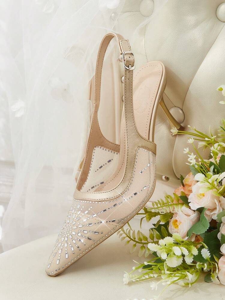 CUCCOO HITCHD Women Shoes Spring And Summer New Mesh Rhinestone Decoration Small Square Toe Back Strap High Heels Wedding Season Romantic Elegance Champagne Dress Shoes Valentine's Day Wear High Heels Sandals