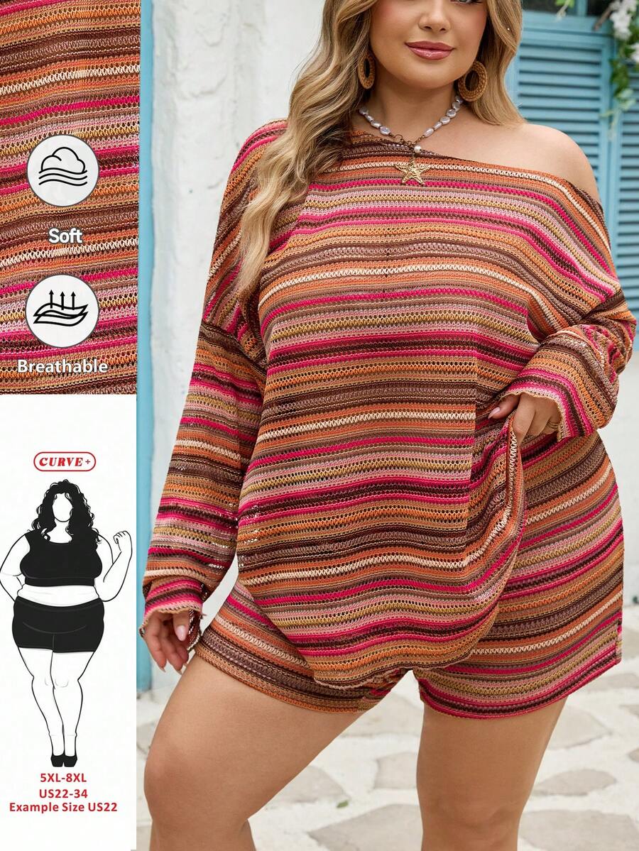 SHEIN CURVE+ 假日两件套女士条纹不对称肩长袖上衣和短裤套装 - 彩色 - 查看 1