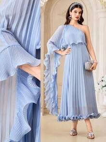 Modelyn Đầm nữ màu trơn, tay loe xếp ly bất đối xứng. - Màu xanh nhạt - Xem 2