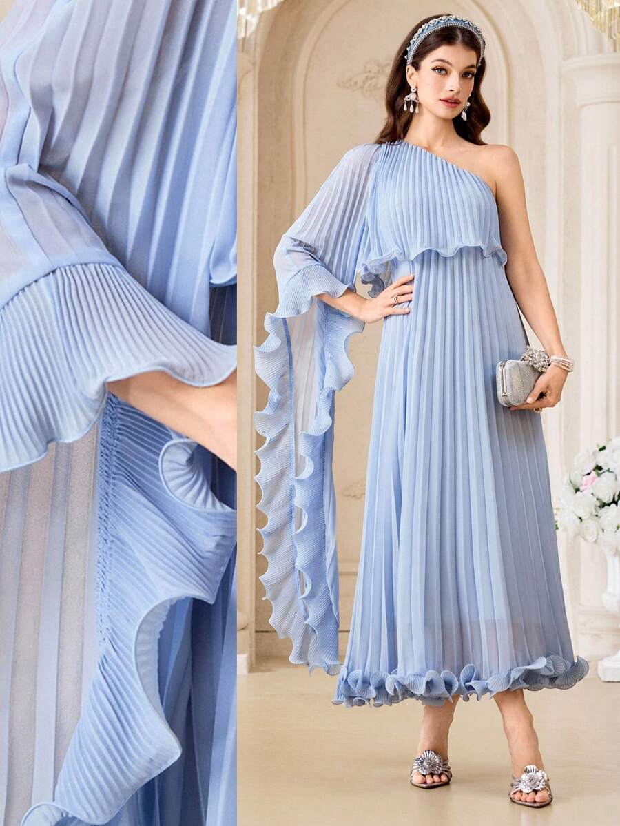 Modelyn Đầm nữ màu trơn, tay loe xếp ly bất đối xứng.