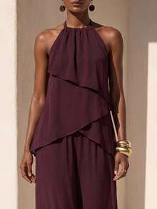 Zivah 咖啡棕色褶皱无袖叠层雪纺衬衫，适合音乐节、复活节、圣帕特里克节、情人节、约会、西式风格、游牧风格、生日派对、毕业典礼、学院风、学生装、休闲外出、百搭、度假、邮轮旅行、海滩、日光浴、潮流、街头风、婚礼宾客、通勤、早午餐、机场、派对、节日外出、办公穿着。 - 咖啡棕 - 查看 1