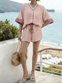 EMERY ROSE Bộ đồ nữ gồm áo tay cánh dơi phối màu tương phản và quần short cạp chun, kiểu dáng thường ngày. - Hồng - Xem 3