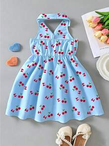 SHEIN Elladie kids 女童夏季新款时尚Polo领露背吊带束腰甜美度假风连衣裙，少女正式礼服 - 淺藍色 - 查看 2