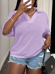 Slaydiva Loose Fit Solid Color V-Neck Drop Shoulder Hollow Out Knit Casual Blouse For Plus Size Women, Spring/Summer - Mauve Purple - View 8