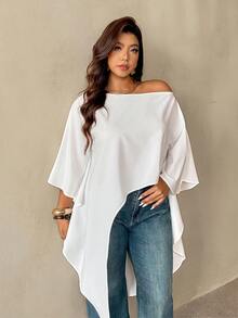 Auralis 新款夏季白色露肩长款飘逸荷叶边下摆连衣裙/上衣，适合婚礼、海滩度假、音乐节、波西米亚风假期等场合，大码尺码 - 白色 - 查看 2