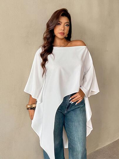 Auralis 新款夏季白色露肩长款飘逸荷叶边下摆连衣裙/上衣，适合婚礼、海滩度假、音乐节、波西米亚风假期等场合，大码尺码