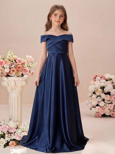 SHEIN Pitira Tween Girls Partywear Navy Blue Solid Color Off-Shoulder Satin Elegant Maxi Dress, Backless Tie Detail, Suitable For Wedding, Birthday Party, Prom, Bridesmaid, Formal Evening Gown, Graduation Ceremony, Spring Festival