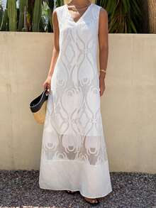 DAZY 女士蕾丝纹理宽松无袖休闲轻盈通勤优雅长裙，适合春夏穿着 - 白色 - 查看 4