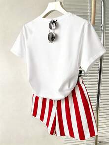 Resyla Ensemble 2 pièces décontracté pour femmes avec t-shirt à col rond à manches courtes avec imprimé slogan et short rayé - Multicolore - Voir 2