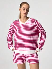 Loungeista Women Striped Long Sleeve Top And Shorts Lounge Set, Loose Fit, Color Block, V-Neck Casual Sleepwear Cozy Outfit, Fall Winter Clothesfor Summer - Purple - View 3