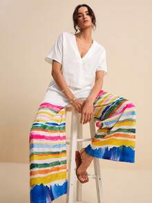 LOTSLUV Women's V-Neck Short Sleeve White T-Shirt And Blue White Striped Wide Leg Pants 2-Piece Set, Chic Summer Vacation Casual Loose Colorful Outfit Coords - Multicolor - View 4