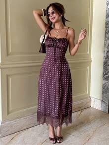 Serisse Đầm nữ mùa hè đi biển, họa tiết chấm bi, xếp ly ở phần ngực, xẻ tà, dây mảnh, dài đến đầu gối. - màu nâu - Xem 4