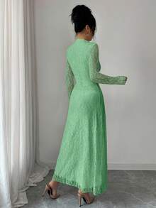 Modelyn Wine Red High Neck Waist Cinched Lace Dress For Women - Green - View 2