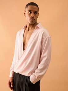 Musero Camisa de Manga Longa Estilo Chiffon Drapeado, Apenas para Verão, Estilo Inteligente de Rua, Férias, Primavera e Verão - Rosa chiclete - Visão 3