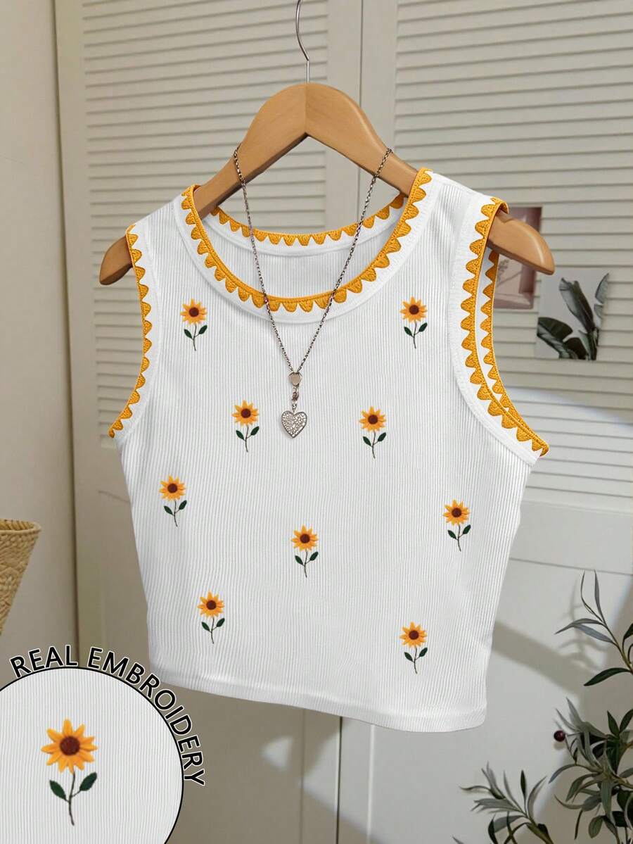 Resyla Daisy Floral Embroidered Women Tank Top, Fashion Shell Trim Camisole - White - View 1