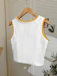 Resyla Daisy Floral Embroidered Women Tank Top, Fashion Shell Trim Camisole - White - View 2