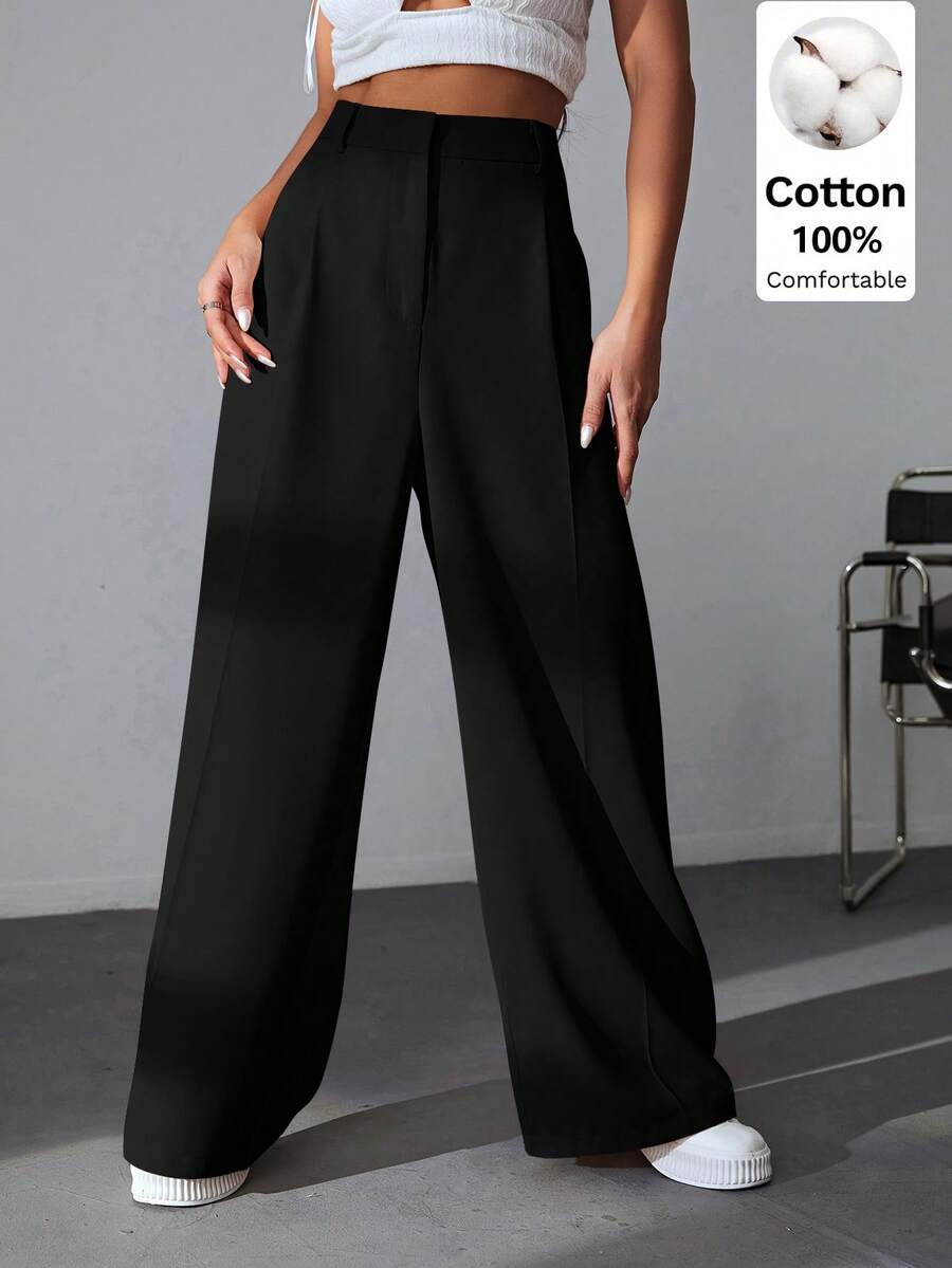 SHEIN EZwear 100%纯棉高腰阔腿裤，百搭休闲，适合大学、休闲、派对、音乐节、毕业典礼、返校、度假和办公等场合。 - 黑色 - 查看 1