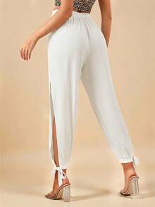 Travachic Pantalones sólidos con abertura lateral y dobladillo anudado, ropa de primavera y verano - Blanco - Ver 2