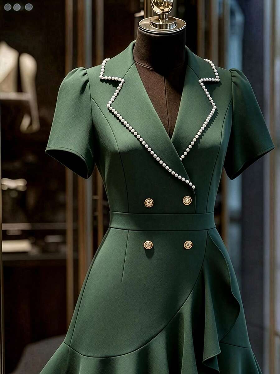 GlowEve CURVE 大码女士优雅交叉荷叶边袖连衣裙，适合春夏、度假、通勤、办公、派对、约会、暑假、毕业典礼、情人节、音乐节、母亲节、万圣节、感恩节、复活节、国庆节、舞会、约会派对、婚礼季、户外活动等场合。 - 墨綠色 - 查看 1