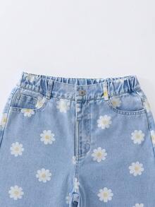 Genkimix Kids 青少年女孩牛仔褲，淺藍色花卉雛菊滿版印花寬鬆寬腿褲，可愛休閒夏季校園青少年女孩服飾，附彈性腰帶 - 淺色水洗藍 - 查看 6