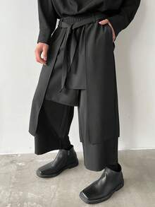 Manfinity Homme Quần dài nam cỡ lớn, kiểu dáng rộng rãi, có túi trước, thắt nơ, thích hợp mặc hàng ngày theo phong cách Nhật Bản. - màu đen - Xem 4