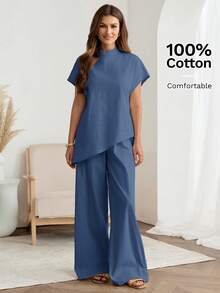 Easowa 100%纯棉杏色宽松女士两件套，立领蝙蝠袖短袖不对称下摆衬衫搭配长裤，保守时尚套装，适合办公室、通勤和日常休闲穿着，春夏款。 - 藍色 - 查看 2